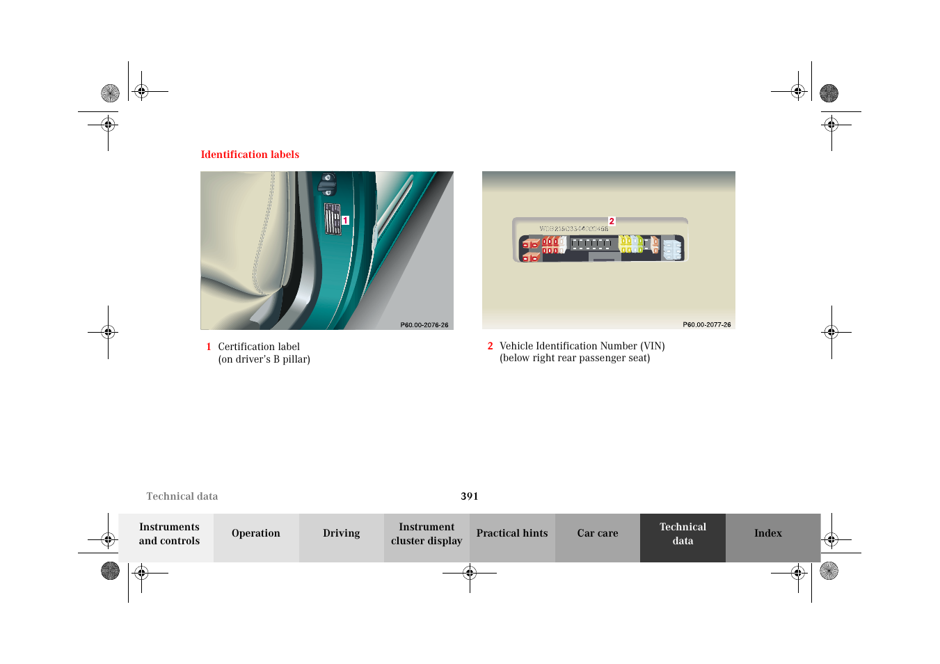 Identification labels | Mercedes-Benz 2002 CL 600 User Manual | Page 394 / 430