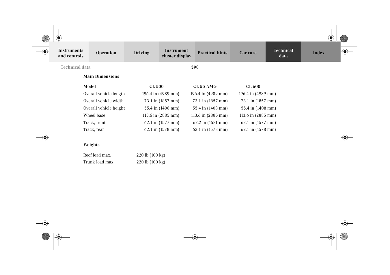 Technical data:main dimensions, Technical data:weights | Mercedes-Benz 2002 CL 600 User Manual | Page 401 / 430