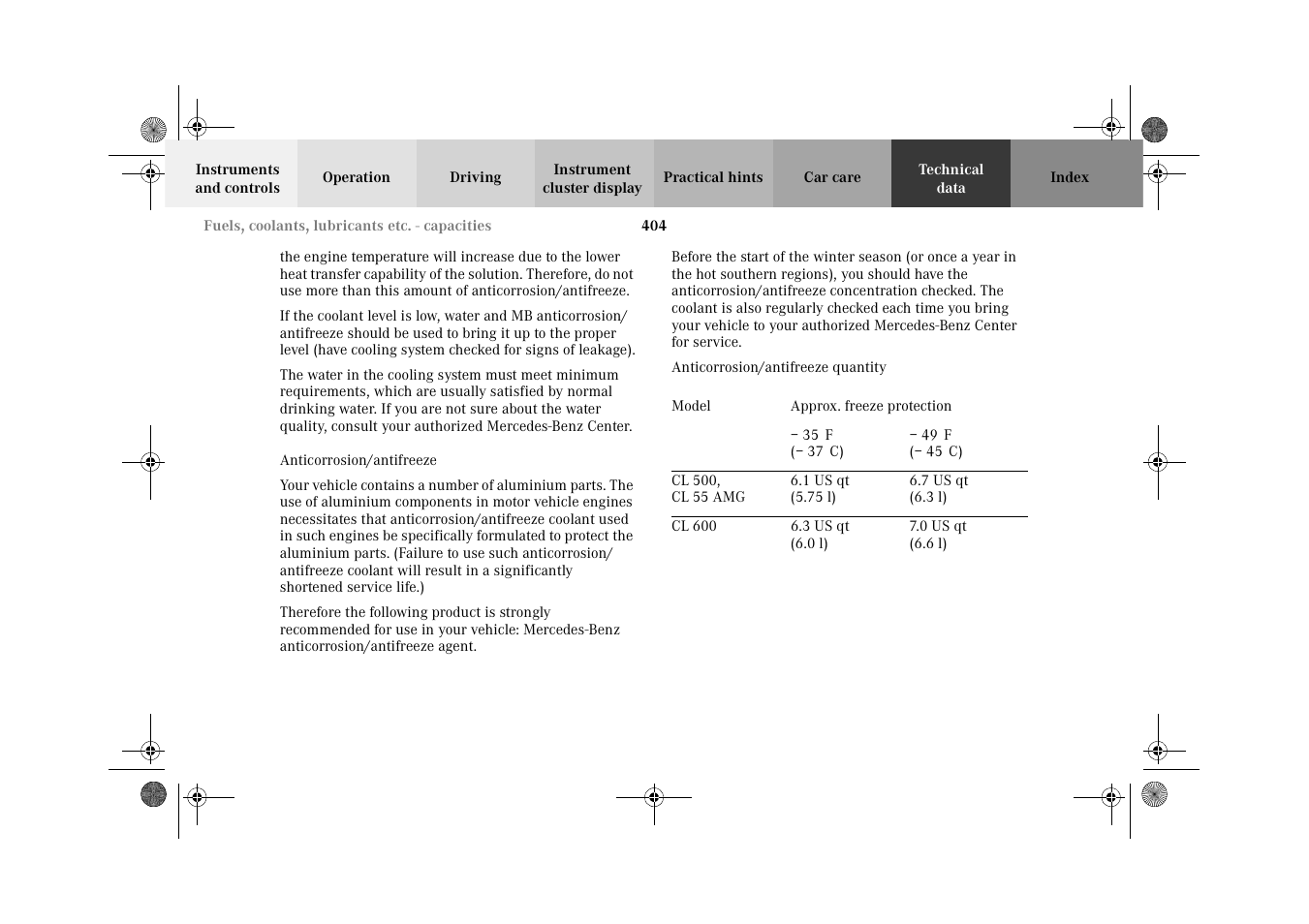 Mercedes-Benz 2002 CL 600 User Manual | Page 407 / 430