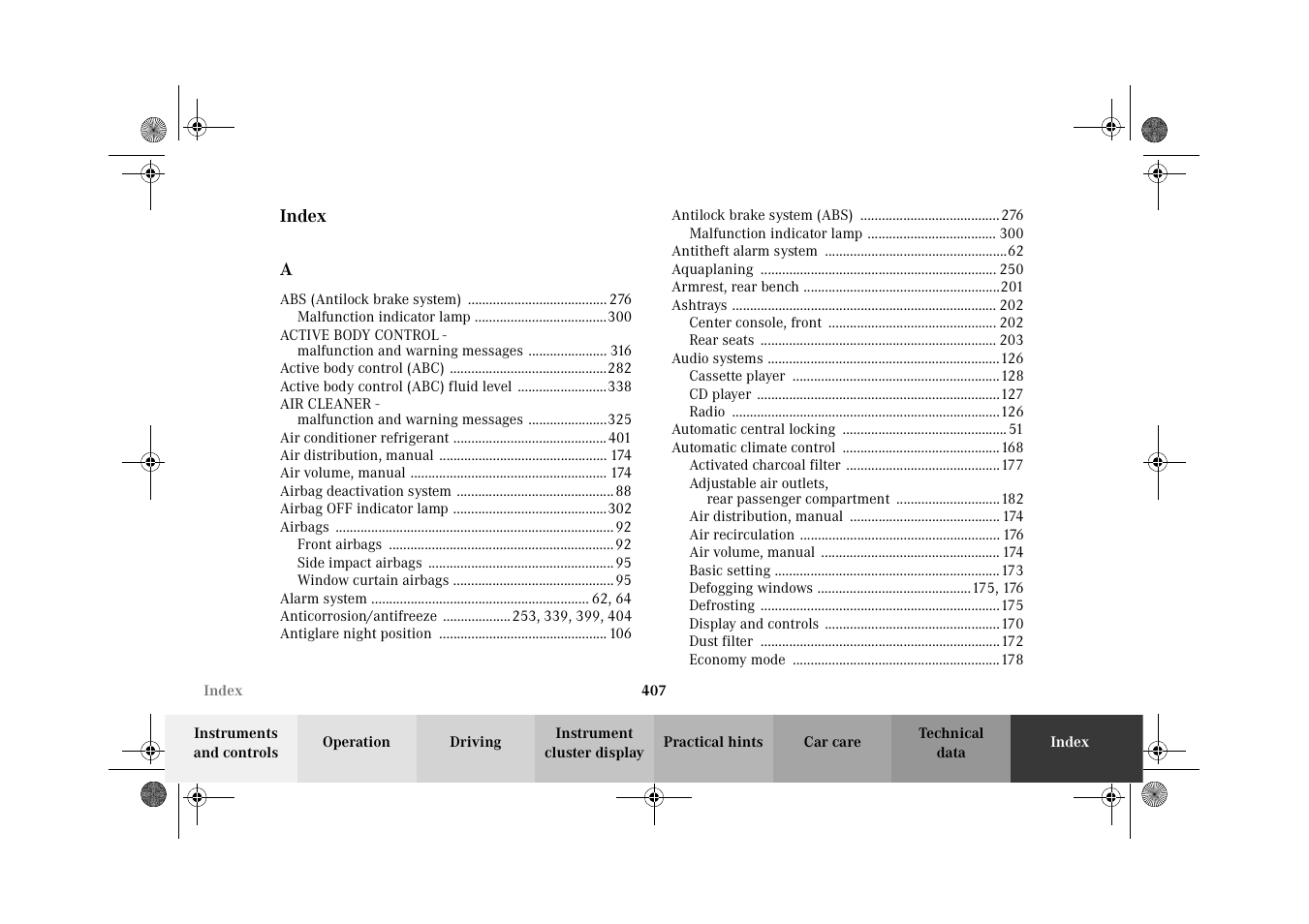 Index | Mercedes-Benz 2002 CL 600 User Manual | Page 410 / 430