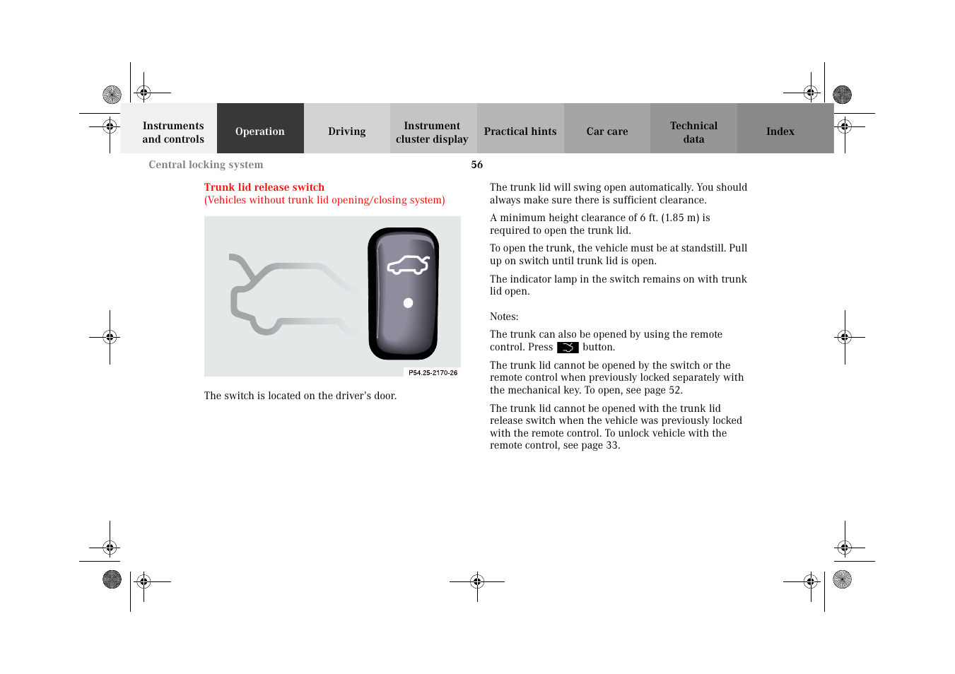 Trunk lid release switch | Mercedes-Benz 2002 CL 600 User Manual | Page 59 / 430
