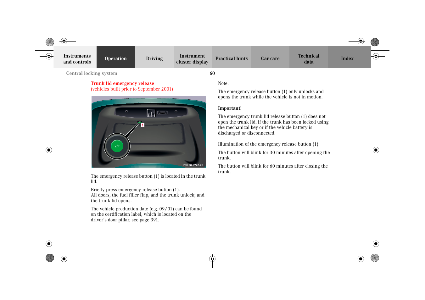 Trunk lid emergency release, Vehicles built prior to september 2001) | Mercedes-Benz 2002 CL 600 User Manual | Page 63 / 430
