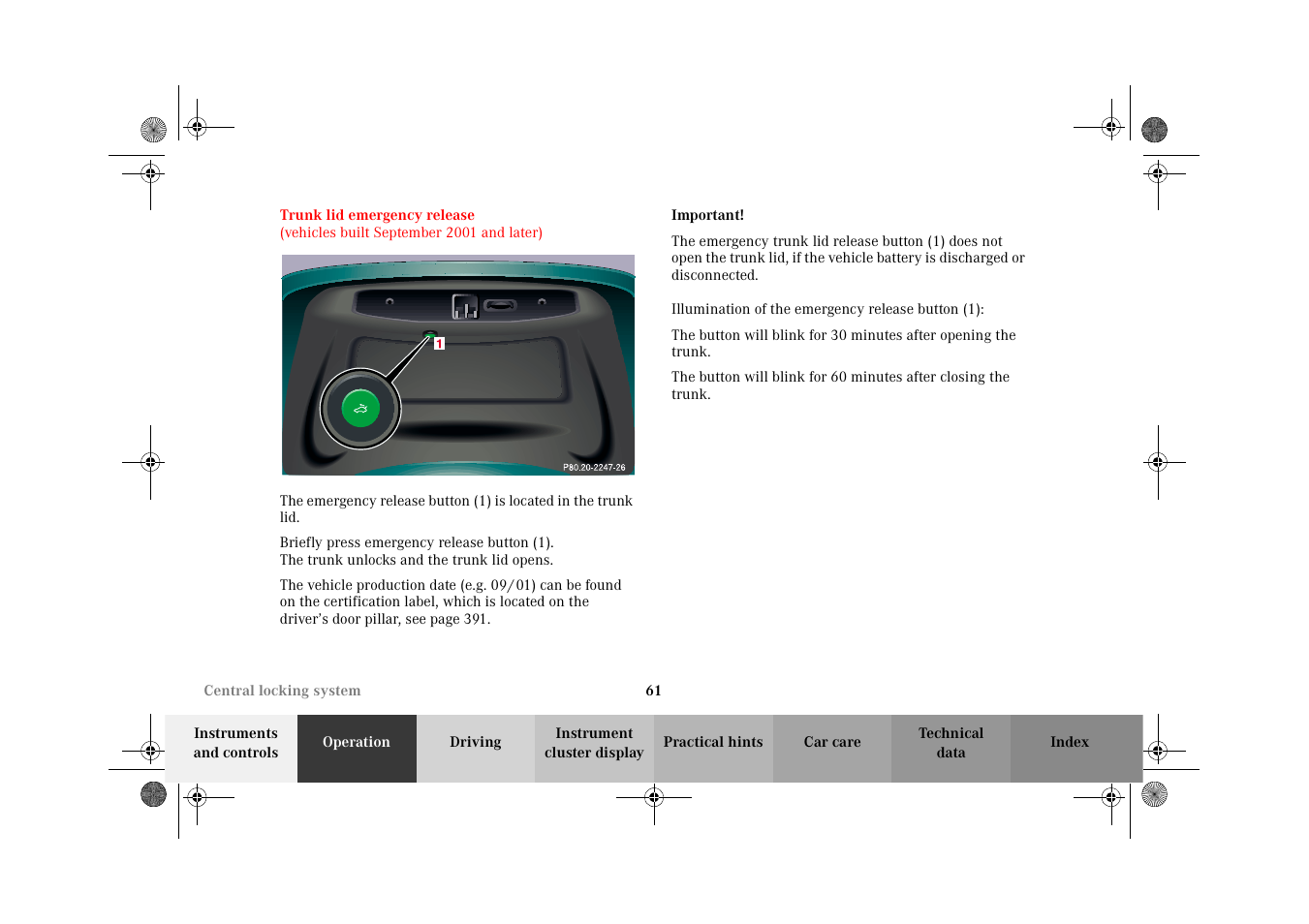 Trunk lid emergency release, Vehicles built september 2001 and later) | Mercedes-Benz 2002 CL 600 User Manual | Page 64 / 430