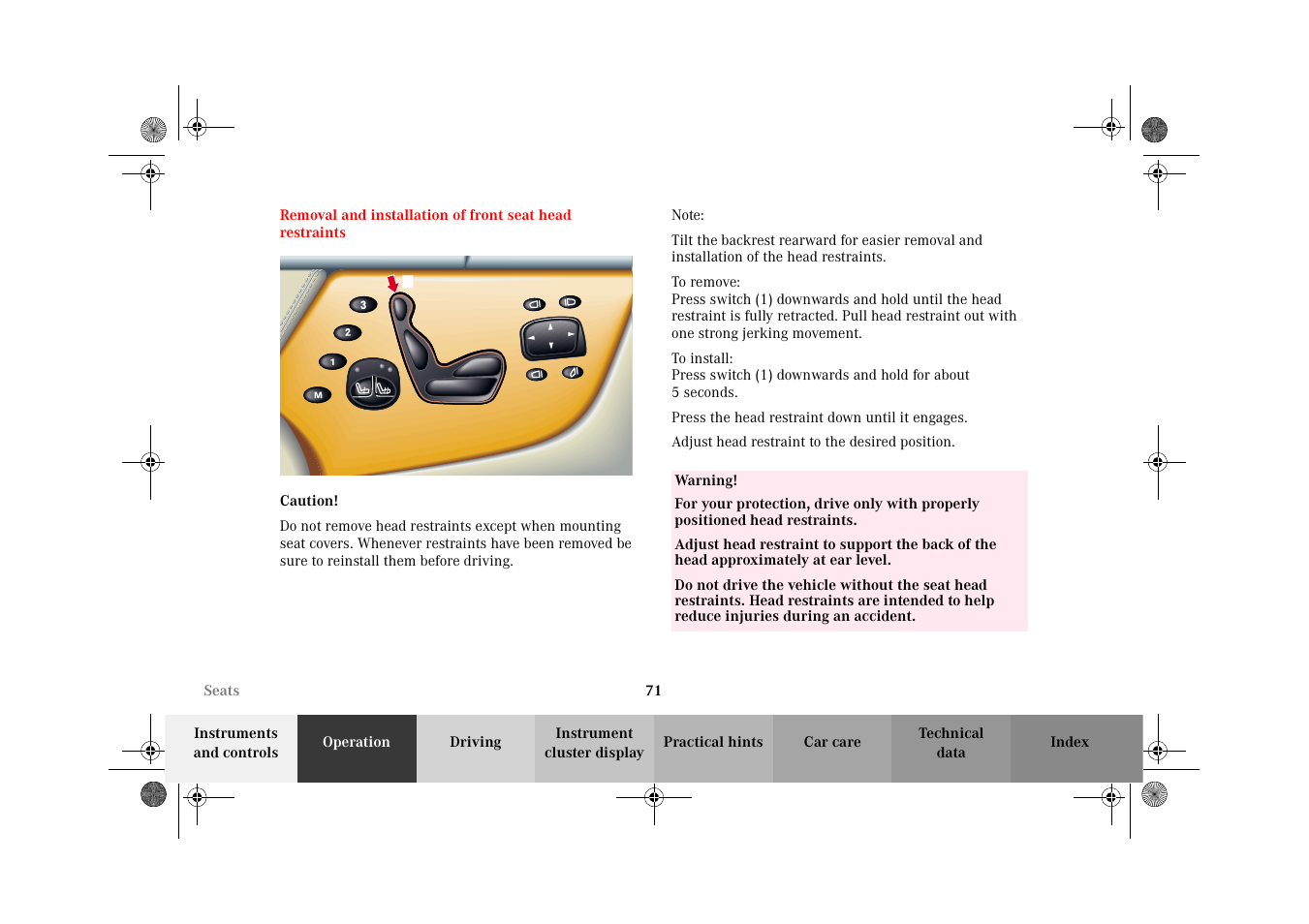 Removal and installation of, Front seat head restraints | Mercedes-Benz 2002 CL 600 User Manual | Page 74 / 430