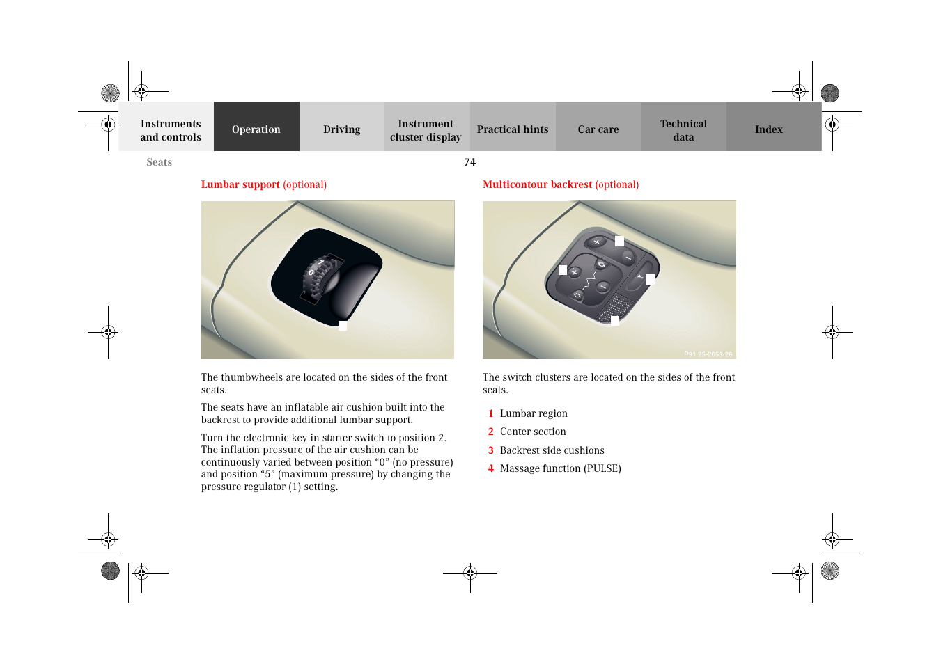 Lumbar support, Multicontour backrest, Lumbar support multicontour backrest | Mercedes-Benz 2002 CL 600 User Manual | Page 77 / 430