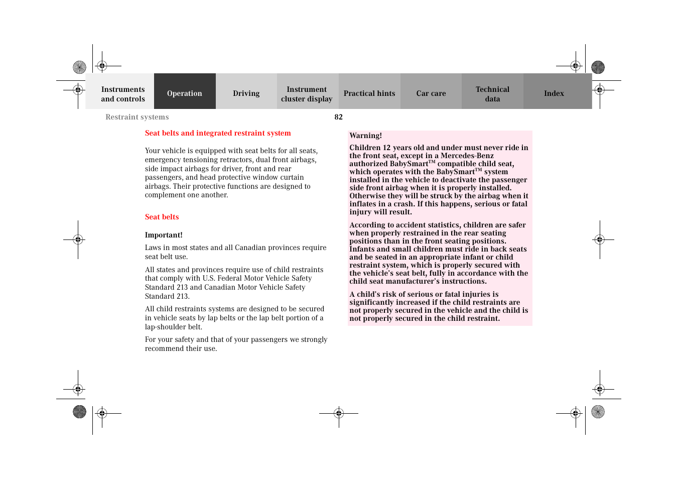 Seat belts and integrated restraint system, Seat belts, Seat belts and | Integrated restraint system | Mercedes-Benz 2002 CL 600 User Manual | Page 85 / 430