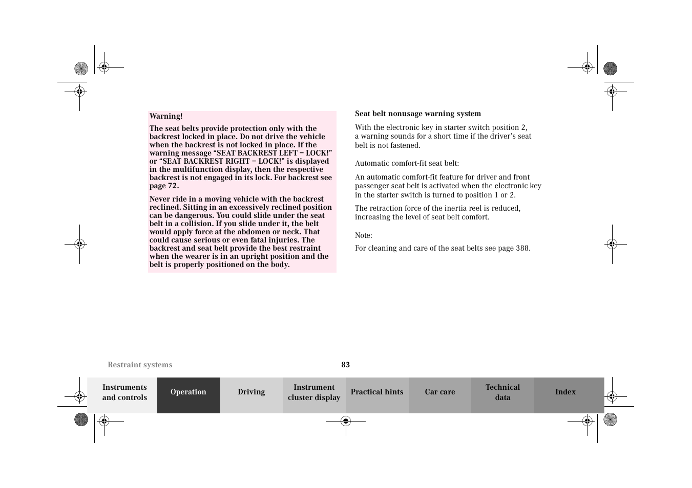 Seat belt nonusage warning system | Mercedes-Benz 2002 CL 600 User Manual | Page 86 / 430