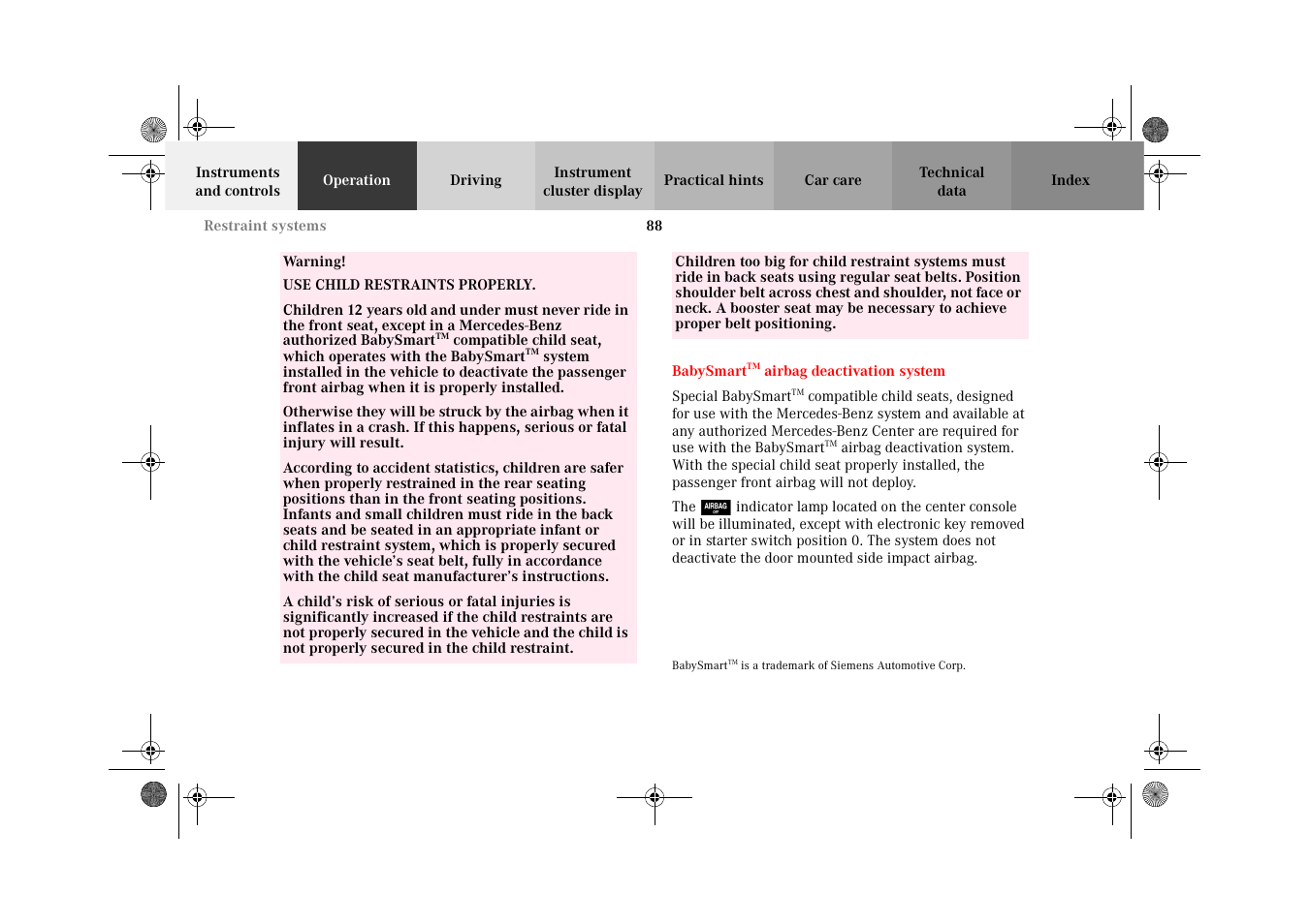 Babysmarttm airbag deactivation system, Babysmart | Mercedes-Benz 2002 CL 600 User Manual | Page 91 / 430