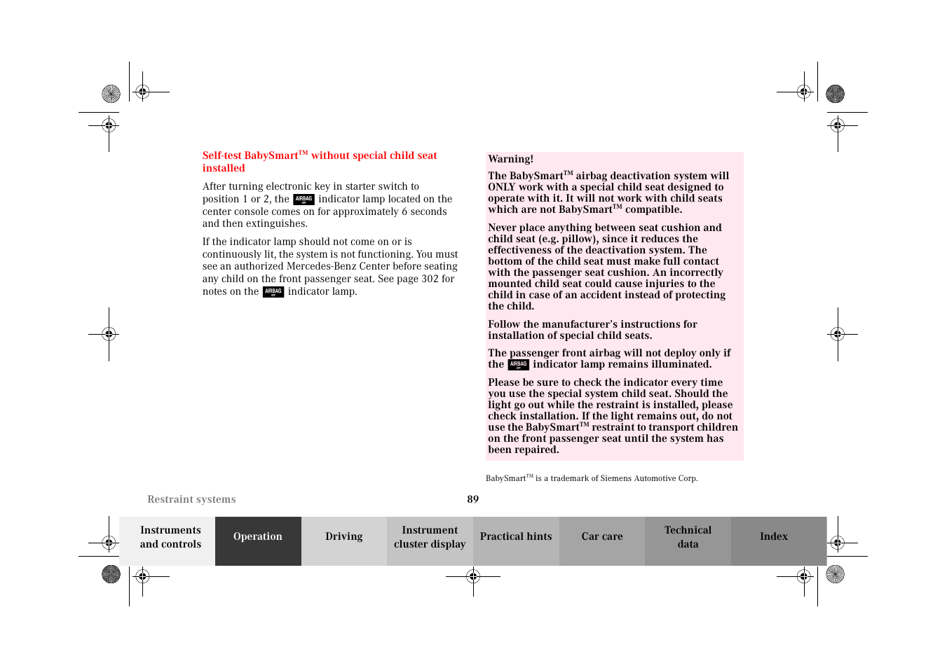 Self-test babysmart | Mercedes-Benz 2002 CL 600 User Manual | Page 92 / 430