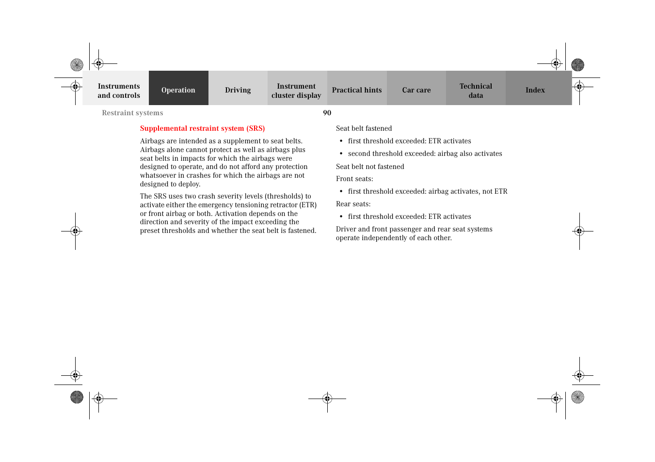 Supplemental restraint system (srs), Supplemental restraint, System (srs) | Mercedes-Benz 2002 CL 600 User Manual | Page 93 / 430