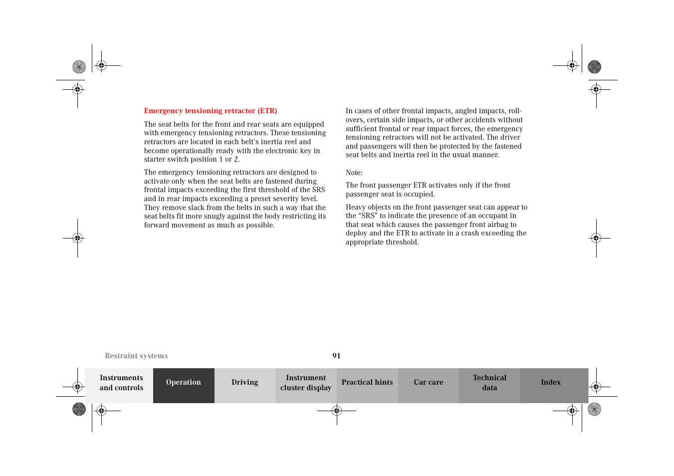 Emergency tensioning retractor (etr), Emergency tensioning, Retractor (etr) | Mercedes-Benz 2002 CL 600 User Manual | Page 94 / 430