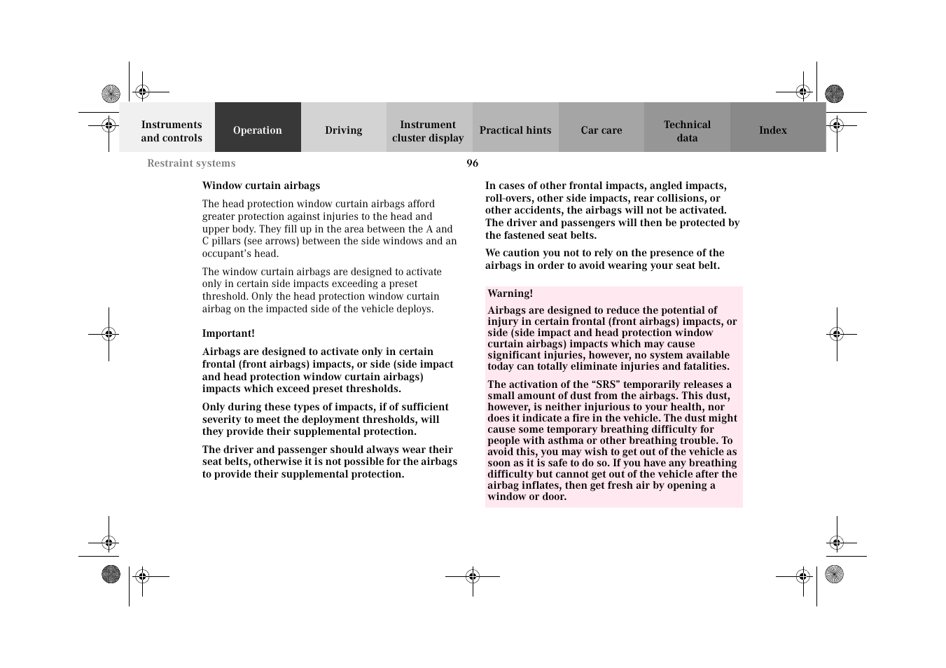 Window curtain airbags | Mercedes-Benz 2002 CL 600 User Manual | Page 99 / 430