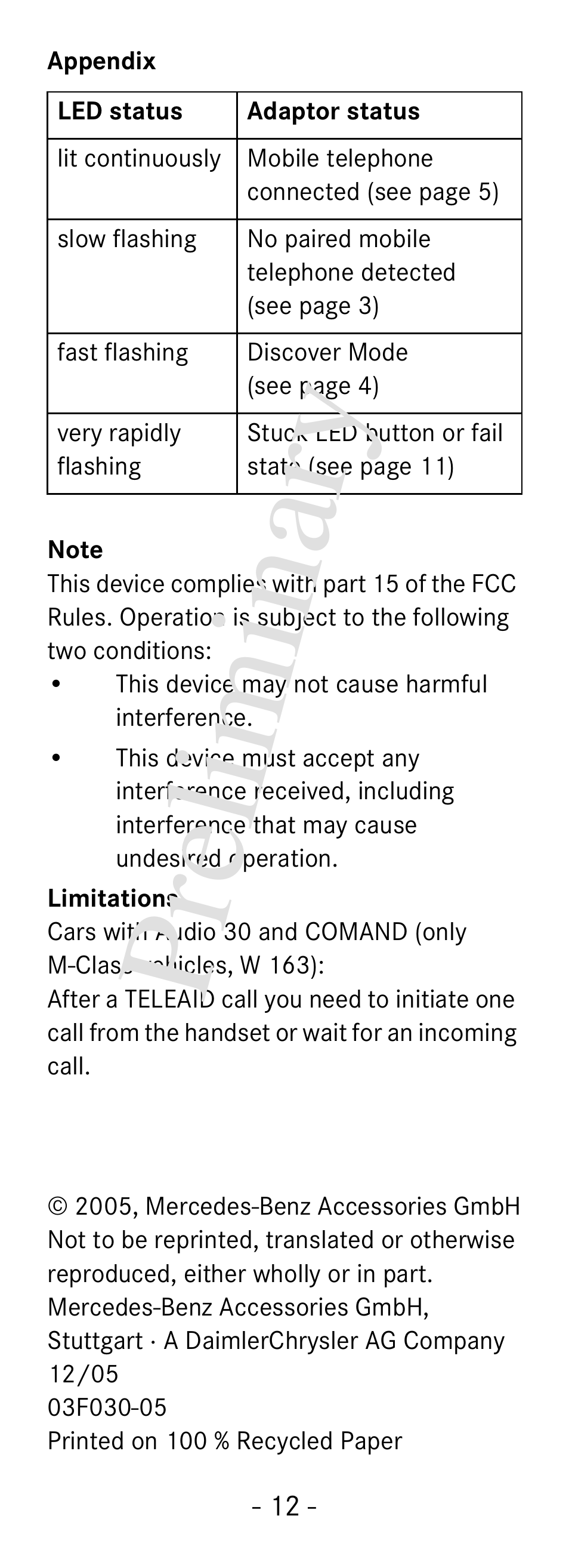 Pre lim in ar y | Mercedes-Benz V60 User Manual | Page 14 / 14