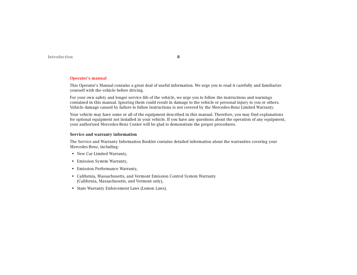 Operator’s manual, Service and warranty information, New car limited warranty | Emission system warranty, Emission performance warranty, State warranty enforcement laws (lemon laws) | Mercedes-Benz 2001 CLK 55 AMG User Manual | Page 11 / 329