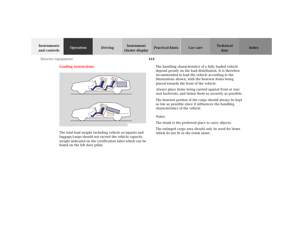 Loading instructions, Graphic, Notes | The trunk is the preferred place to carry objects, Table, Table body, Table row | Mercedes-Benz 2001 CLK 55 AMG User Manual | Page 165 / 329