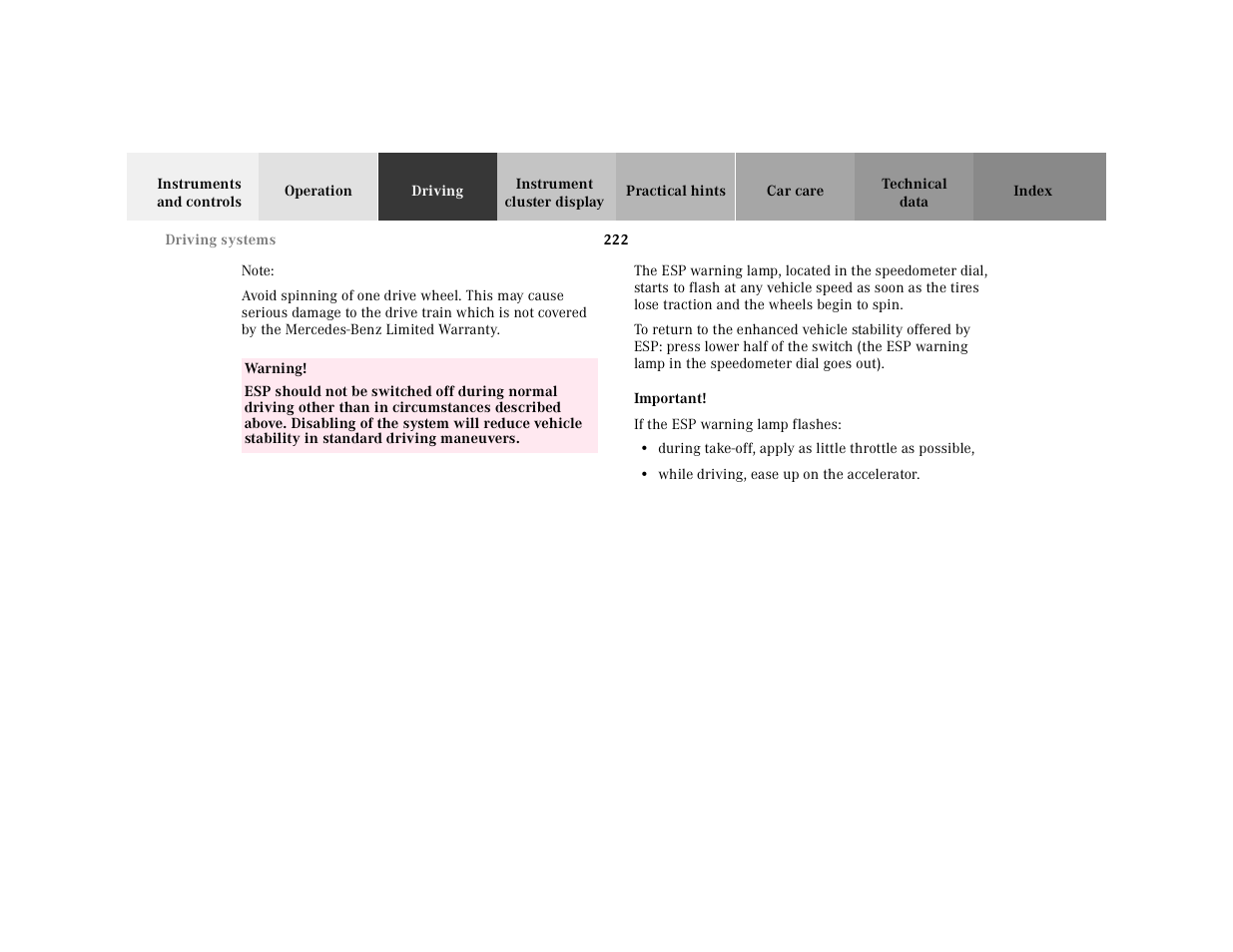 Note, Table, Table body | Table row, Warning, Important, If the, While driving, ease up on the accelerator | Mercedes-Benz 2001 CLK 55 AMG User Manual | Page 225 / 329