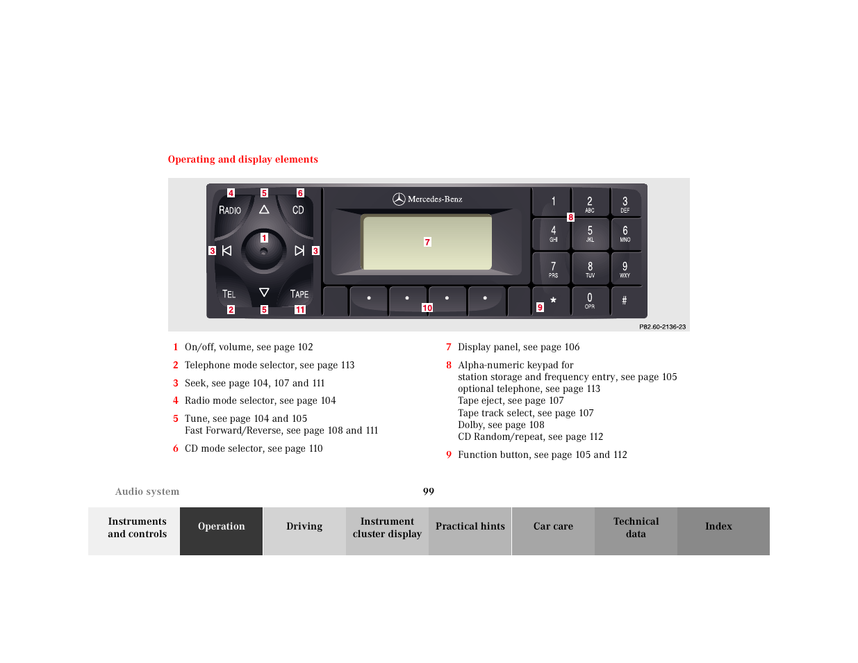 Operating and display elements, Graphic, 1 on/off, volume | 2 telephone mode selector, 3 seek, 4 radio mode selector, 5 tune, 6 cd mode selector, 7 display panel, 9 function button | Mercedes-Benz 2000 SL-Class User Manual | Page 103 / 297