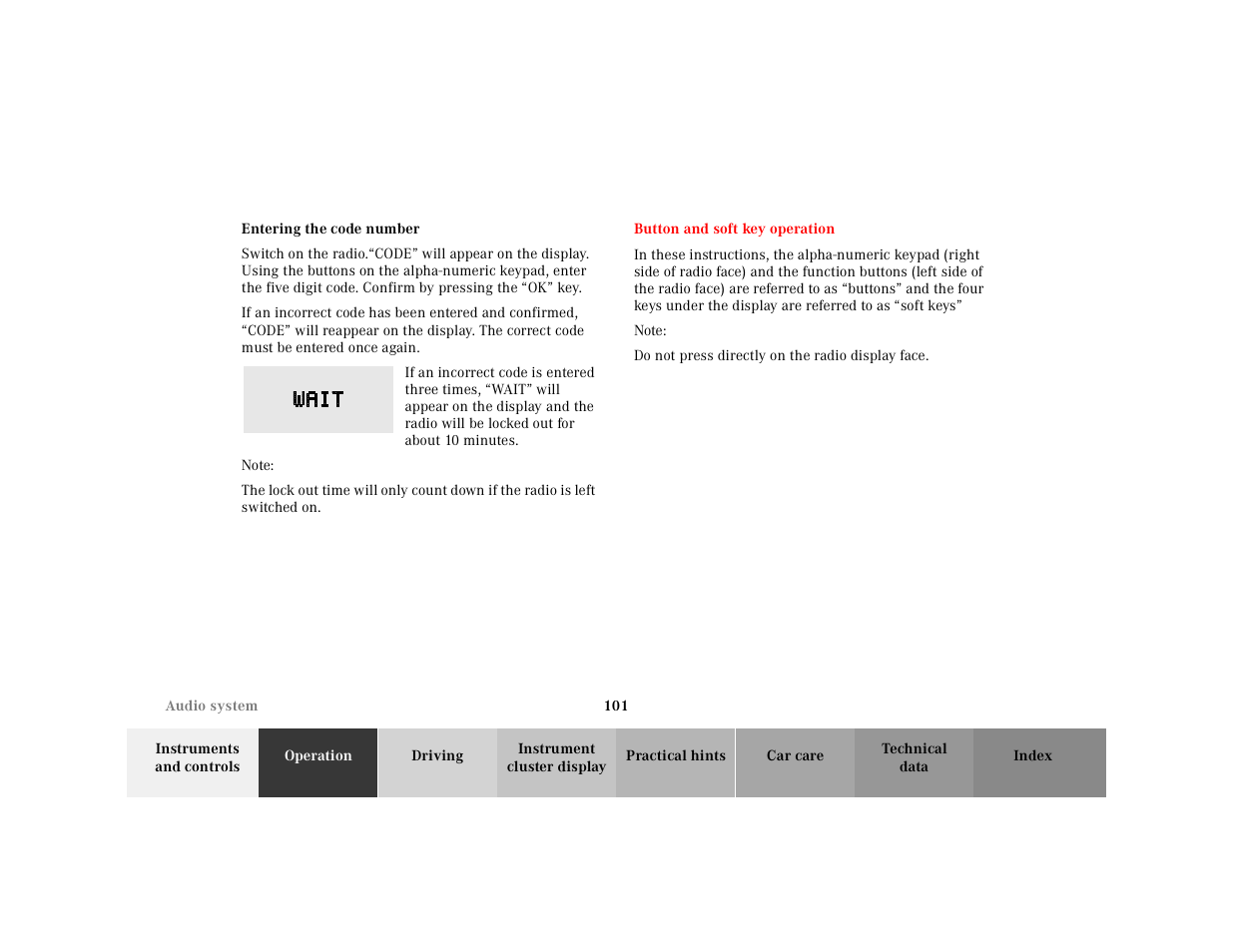 Entering the code number, Switch on the radio, Graphic | Note, Button and soft key operation, Do not press directly on the radio display face | Mercedes-Benz 2000 SL-Class User Manual | Page 105 / 297