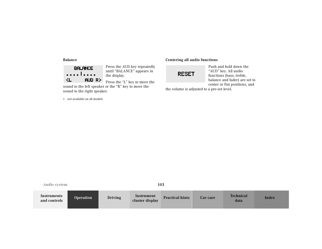 Balance, Graphic, Press the | Centering all audio functions | Mercedes-Benz 2000 SL-Class User Manual | Page 107 / 297