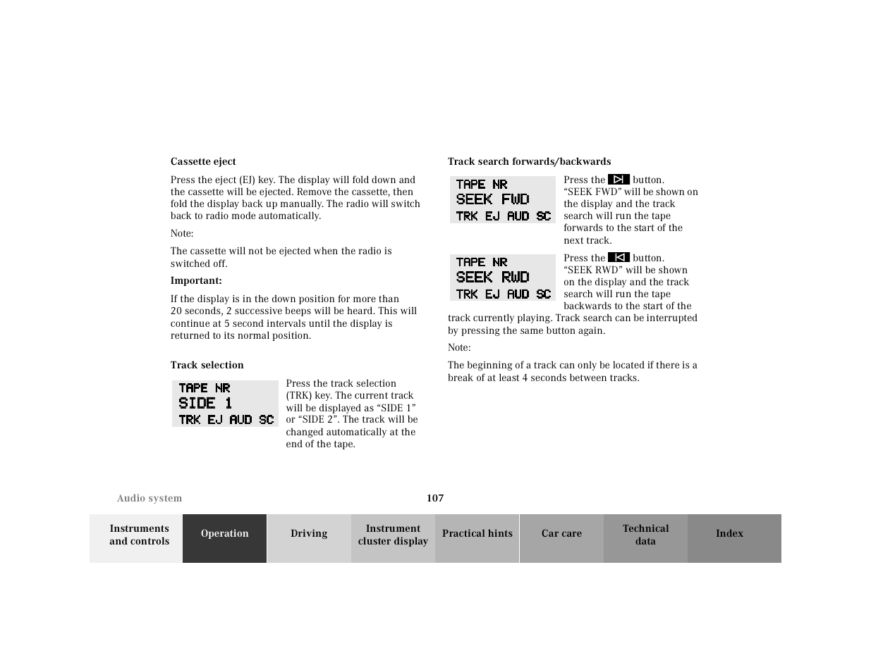 Cassette eject, Note, Important | Track selection, Graphic, Track search forwards/backwards | Mercedes-Benz 2000 SL-Class User Manual | Page 111 / 297