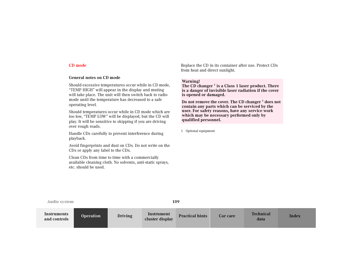 Cd mode, General notes on cd mode, Table | Table body, Table row, Warning! the cd changer, Do not remove the cover. the cd changer, 1 optional equipment | Mercedes-Benz 2000 SL-Class User Manual | Page 113 / 297