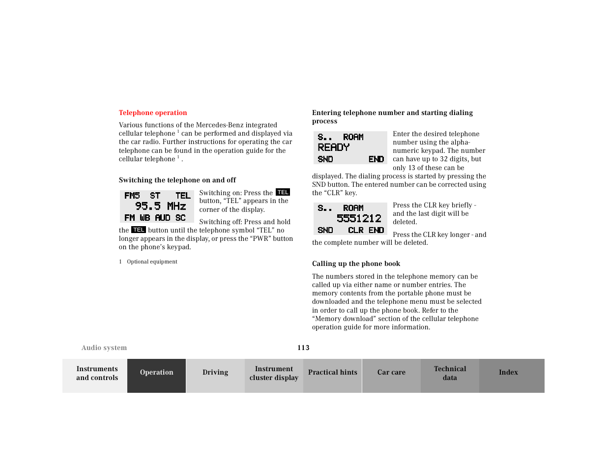 Telephone operation, Switching the telephone on and off, Graphic | Switching off: press and hold the, 1 optional equipment, Calling up the phone book | Mercedes-Benz 2000 SL-Class User Manual | Page 117 / 297