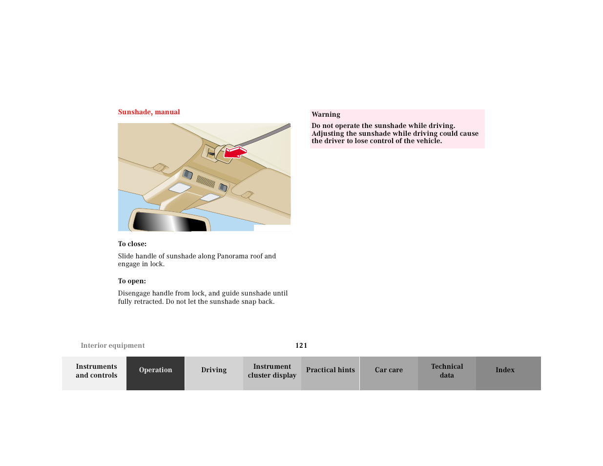 Sunshade, manual, Graphic, To close | To open, Table, Table body, Table row, Warning | Mercedes-Benz 2000 SL-Class User Manual | Page 125 / 297
