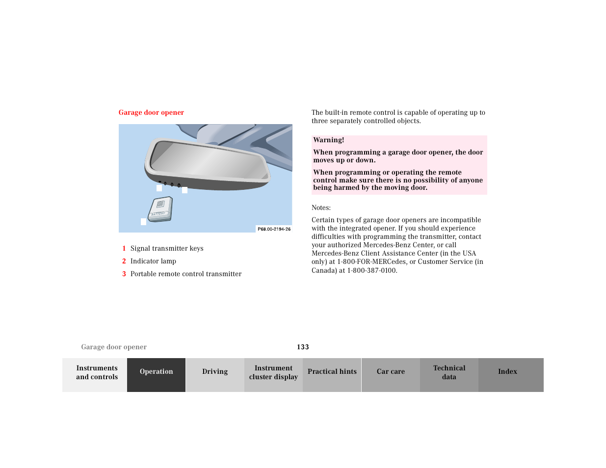 Garage door opener, Graphic, 1 signal transmitter keys | 2 indicator lamp, 3 portable remote control transmitter, Table, Table body, Table row, Warning, Notes | Mercedes-Benz 2000 SL-Class User Manual | Page 137 / 297