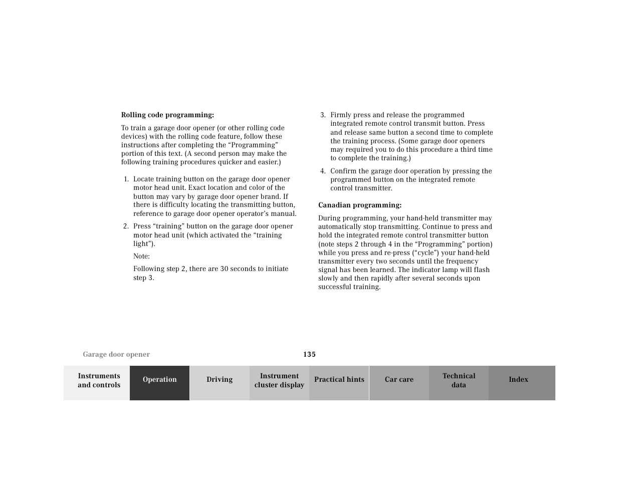 Rolling code programming, Press, Note | Canadian programming | Mercedes-Benz 2000 SL-Class User Manual | Page 139 / 297