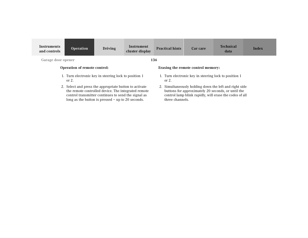 Operation of remote control, Erasing the remote control memory | Mercedes-Benz 2000 SL-Class User Manual | Page 140 / 297