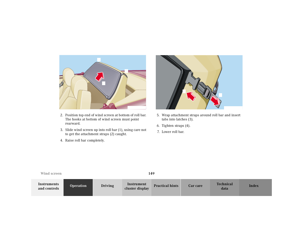 Graphic, Raise roll bar completely, Tighten straps (4) | Lower roll bar | Mercedes-Benz 2000 SL-Class User Manual | Page 153 / 297