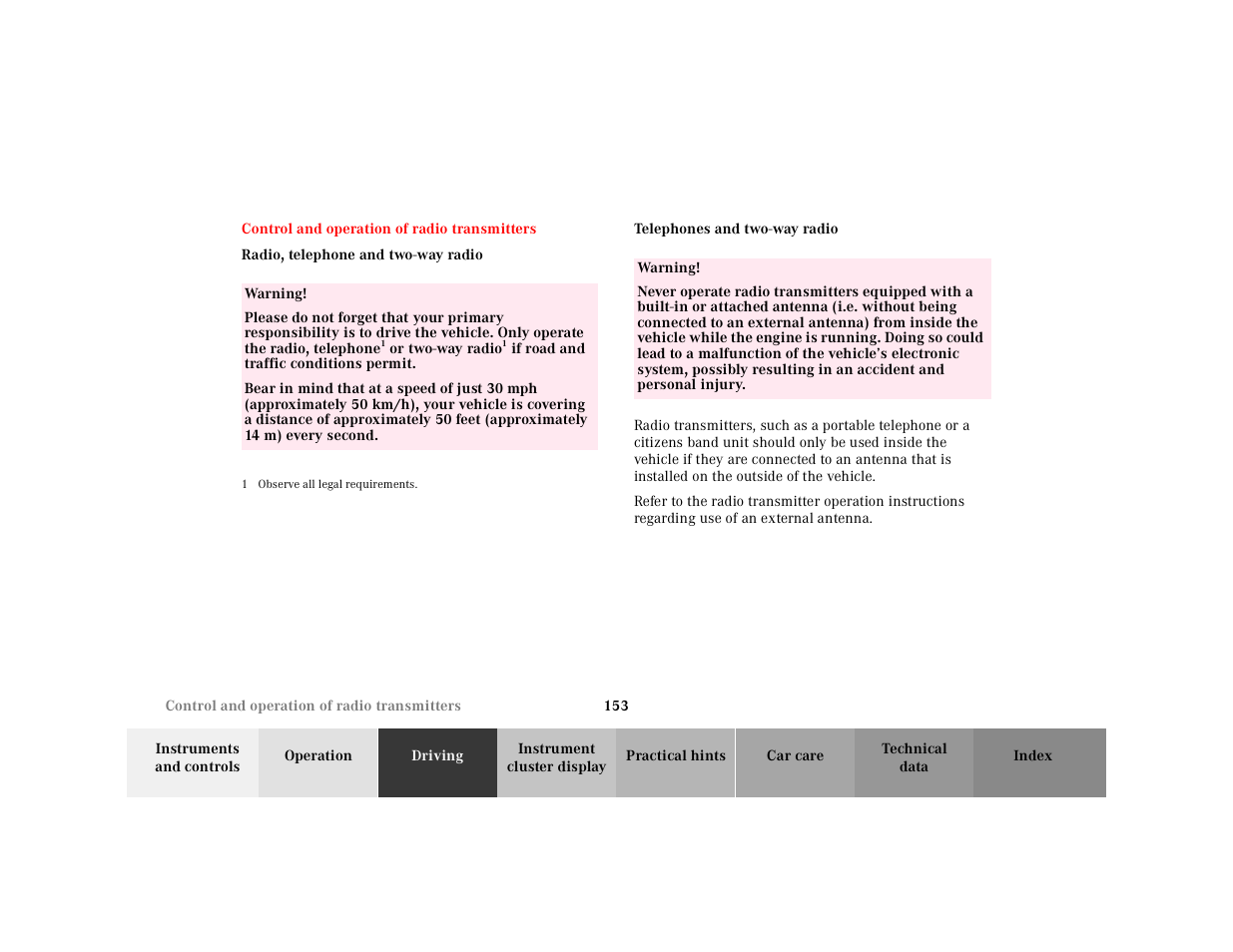 Driving, Control and operation of radio transmitters, Radio, telephone and two-way radio | Table, Table body, Table row, Warning, 1 observe all legal requirements, Telephones and two-way radio | Mercedes-Benz 2000 SL-Class User Manual | Page 157 / 297