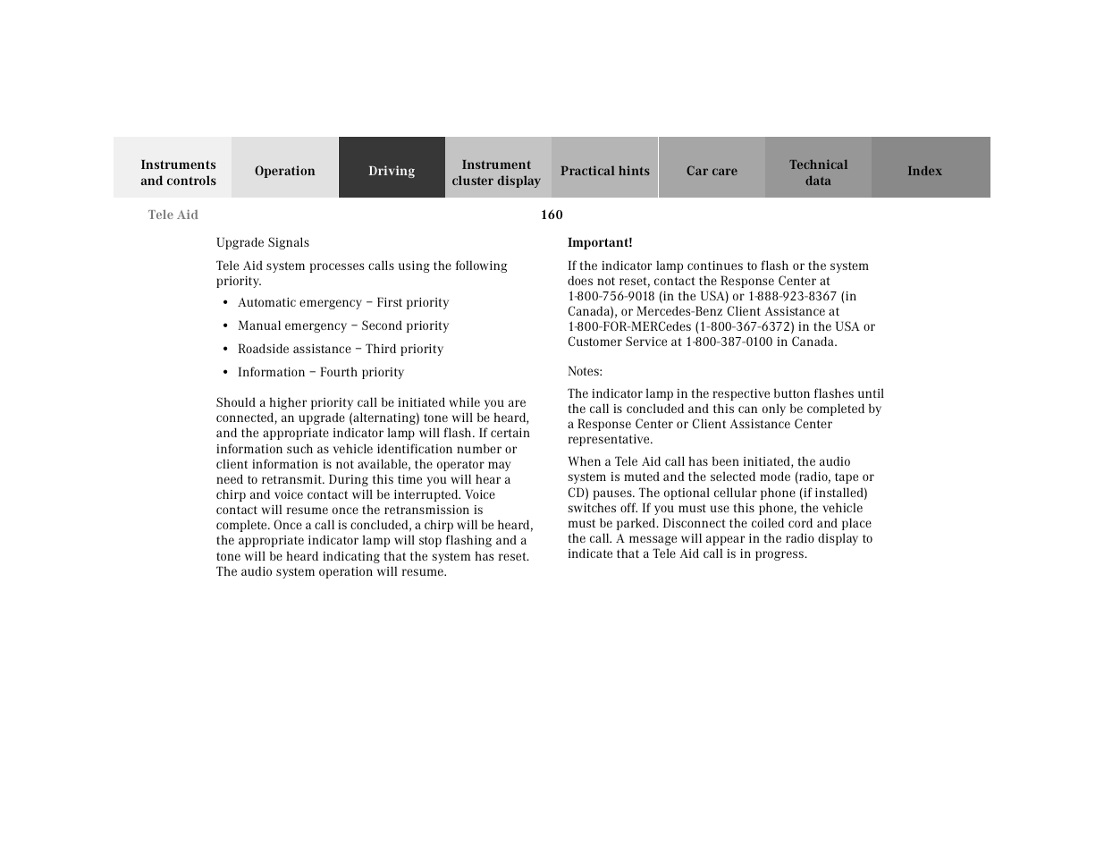 Upgrade signals, Automatic emergency–first priority, Manual emergency–second priority | Roadside assistance–third priority, Information–fourth priority, Important, Notes | Mercedes-Benz 2000 SL-Class User Manual | Page 164 / 297