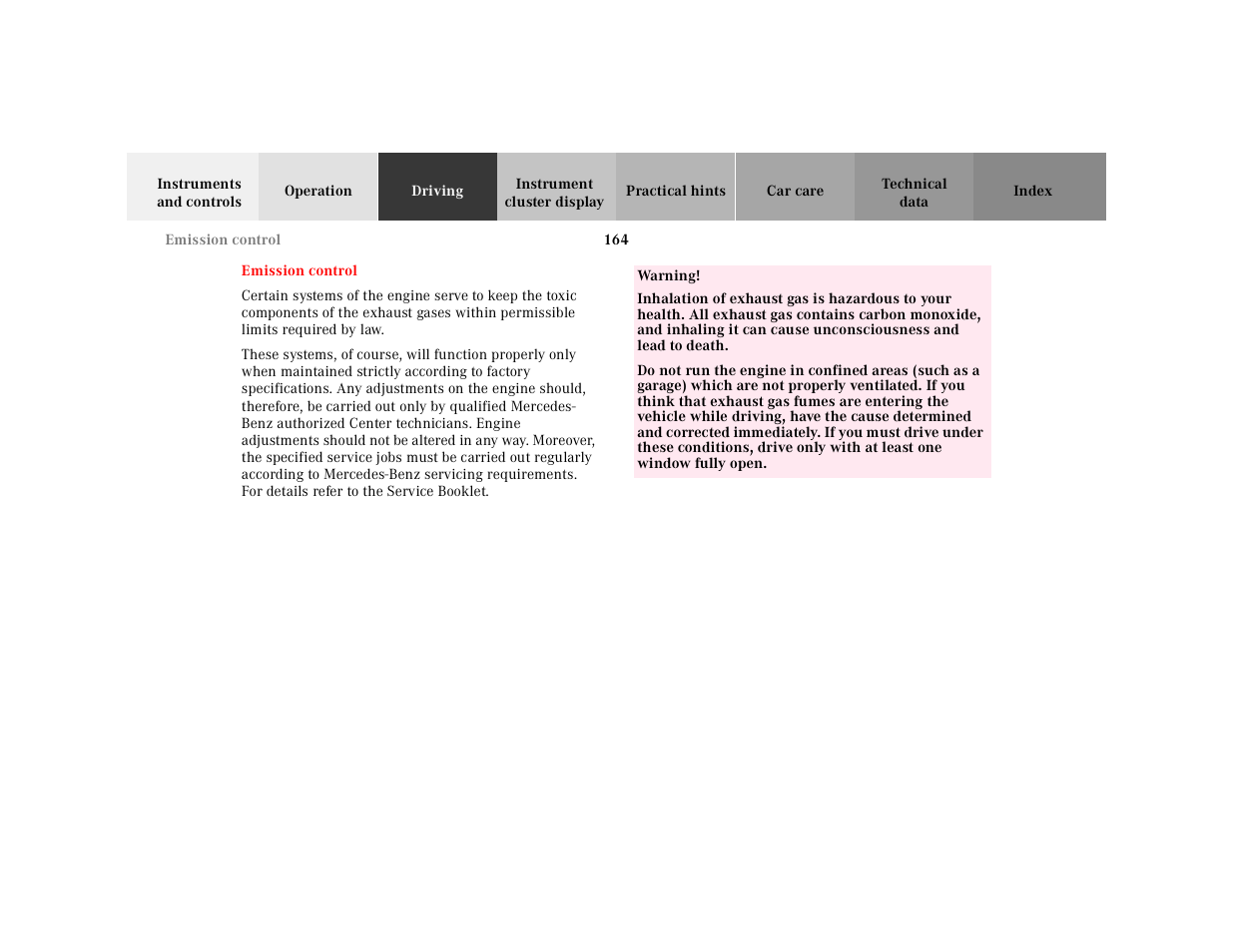 Emission control, Table, Table body | Table row, Warning | Mercedes-Benz 2000 SL-Class User Manual | Page 168 / 297