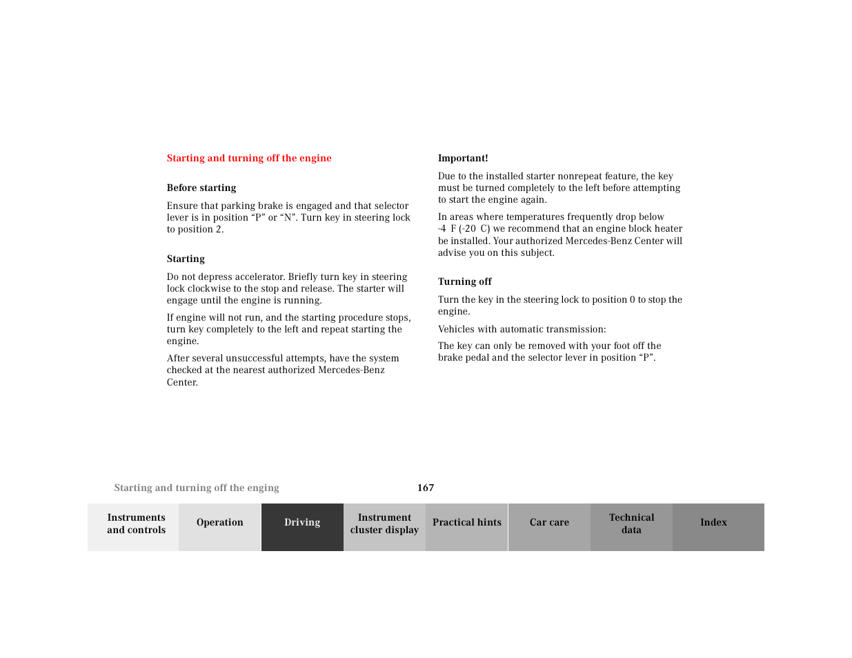 Starting and turning off the engine, Before starting, Starting | Important, Turning off, Vehicles with automatic transmission | Mercedes-Benz 2000 SL-Class User Manual | Page 171 / 297