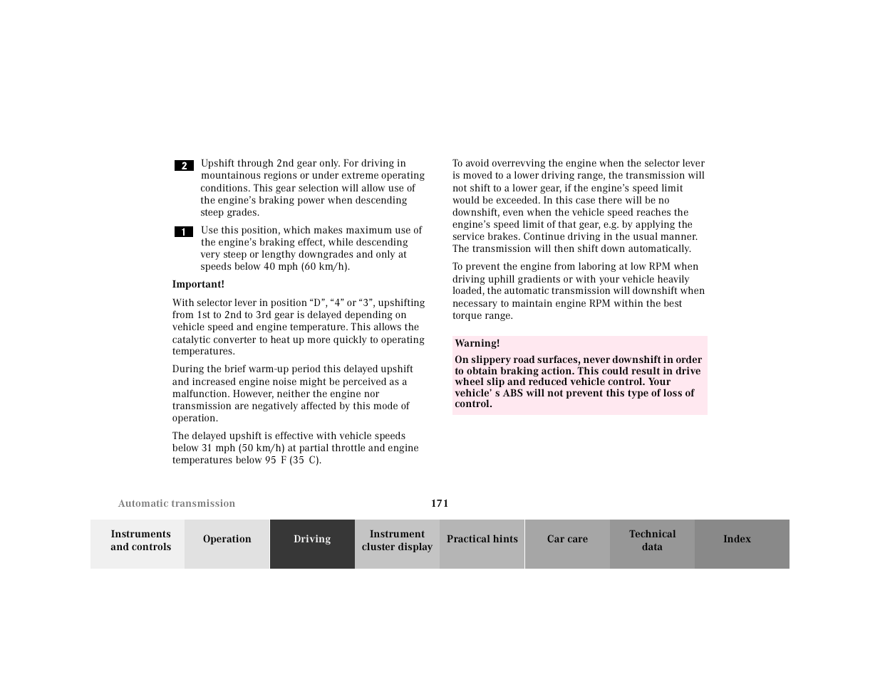 Graphic, Important, With selector lever in position | Table, Table body, Table row, Warning | Mercedes-Benz 2000 SL-Class User Manual | Page 175 / 297