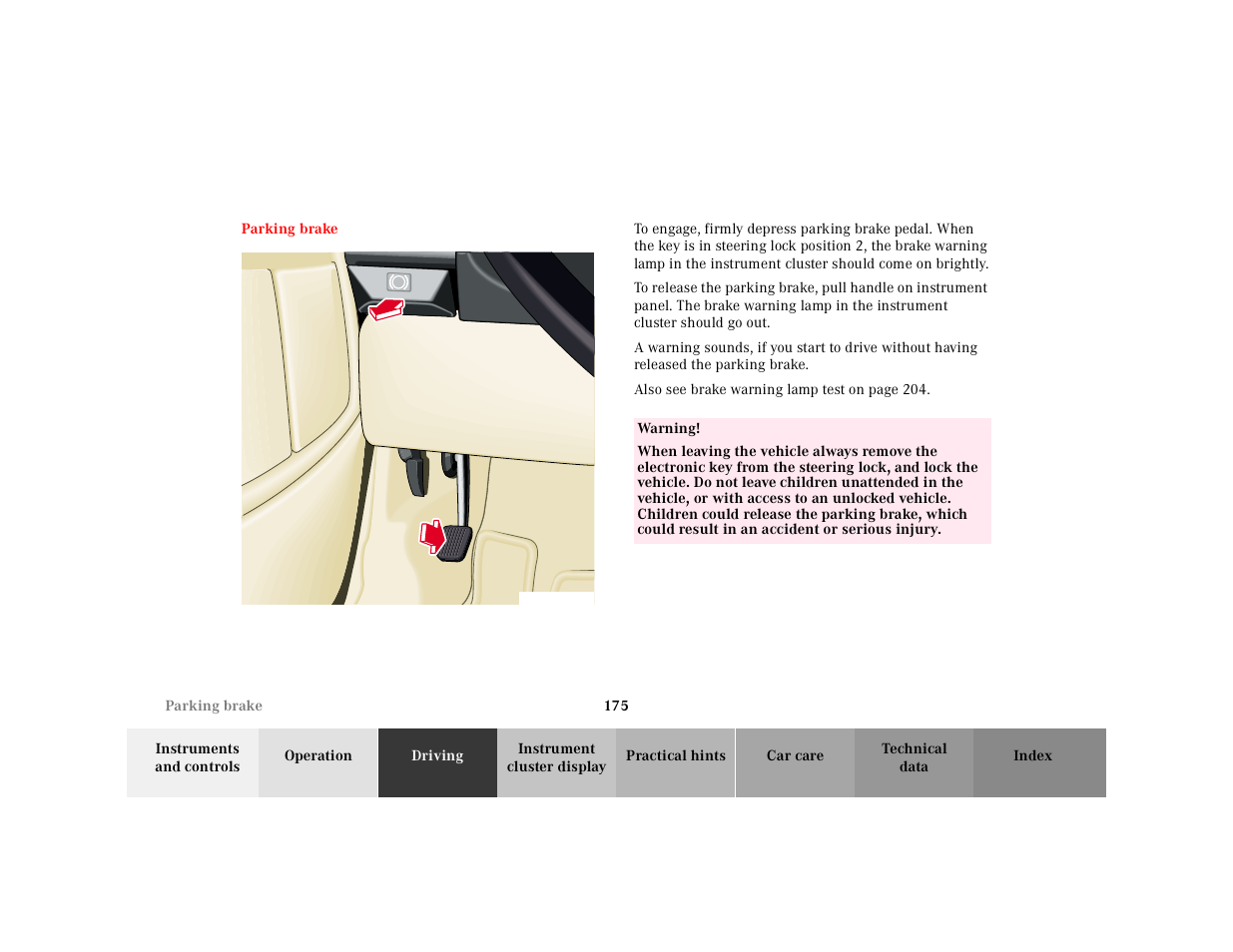 Parking brake, Graphic, Table | Table body, Table row, Warning | Mercedes-Benz 2000 SL-Class User Manual | Page 179 / 297