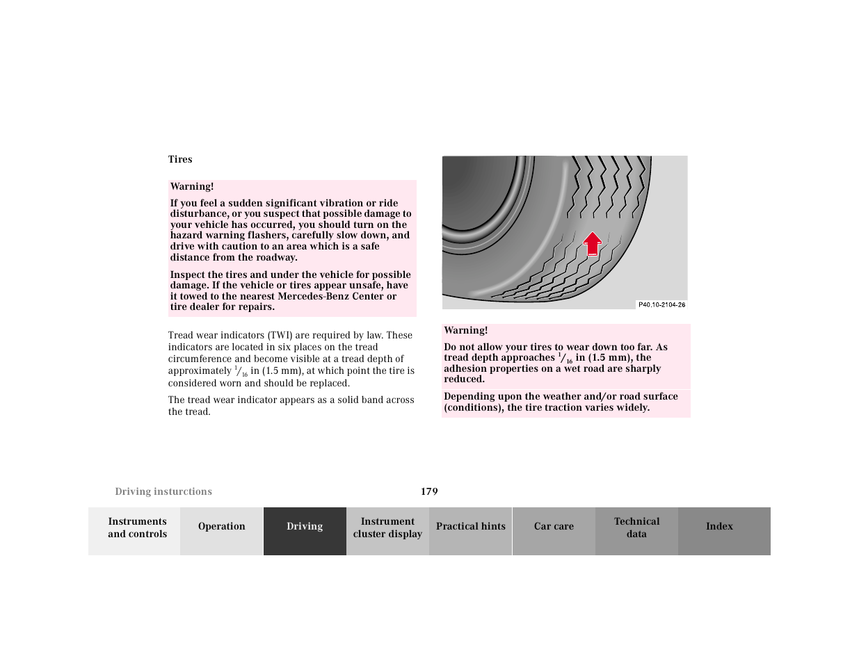 Tires, Table, Table body | Table row, Warning, P40.10-2104-26, Graphic | Mercedes-Benz 2000 SL-Class User Manual | Page 183 / 297