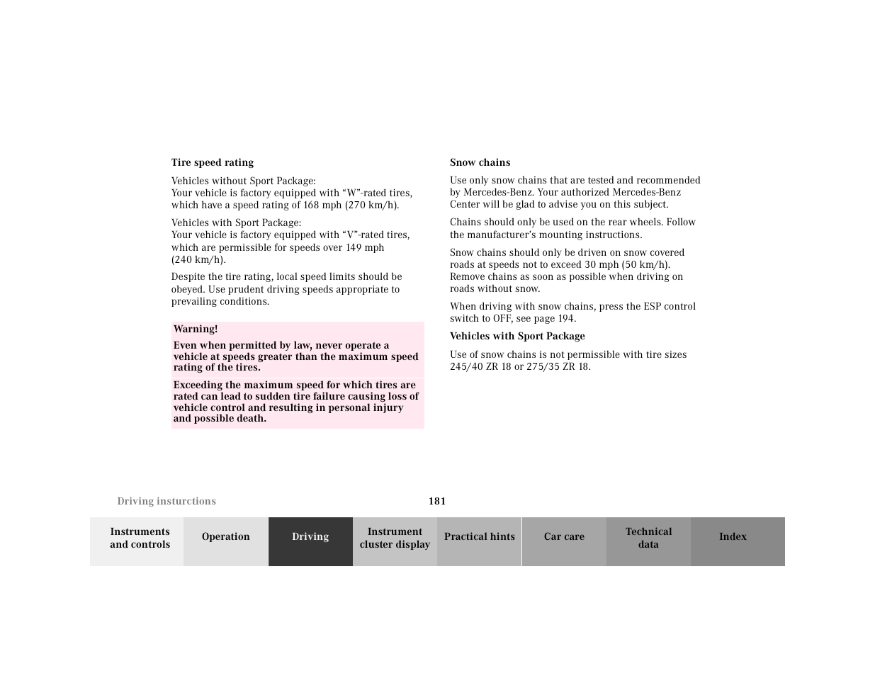 Tire speed rating, Table, Table body | Table row, Warning, Snow chains, Vehicles with sport package | Mercedes-Benz 2000 SL-Class User Manual | Page 185 / 297