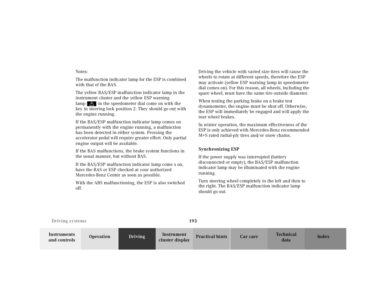 Notes, Synchronizing esp | Mercedes-Benz 2000 SL-Class User Manual | Page 197 / 297