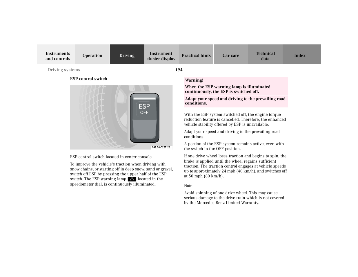 Esp control switch, Graphic, Esp control switch located in center console | Table, Table body, Table row, Warning, Note | Mercedes-Benz 2000 SL-Class User Manual | Page 198 / 297