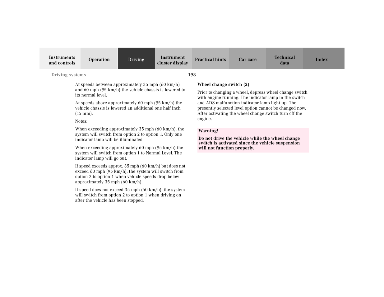 Notes, Wheel change switch | Mercedes-Benz 2000 SL-Class User Manual | Page 202 / 297