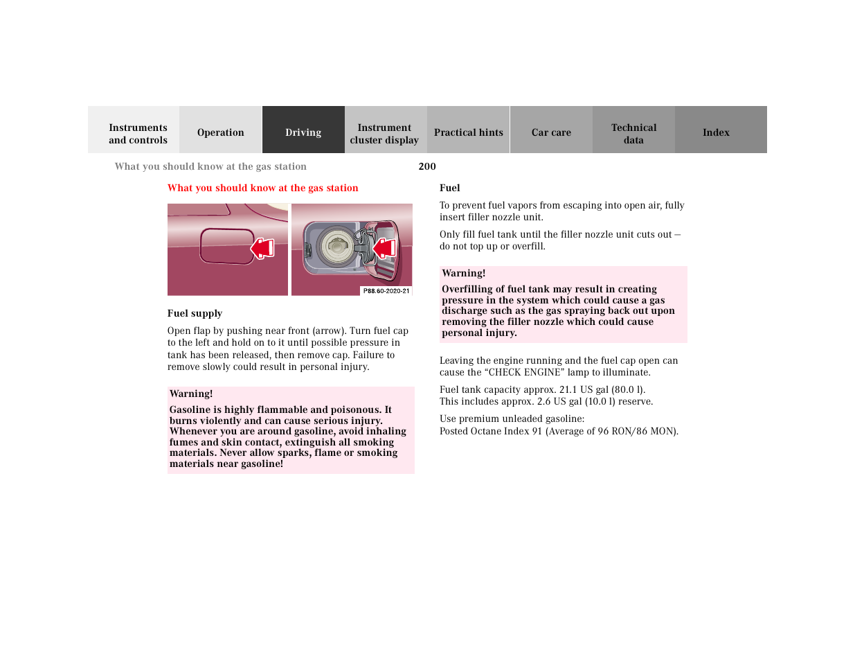 What you should know at the gas station, Graphic, Fuel supply | Table, Table body, Table row, Warning, Fuel | Mercedes-Benz 2000 SL-Class User Manual | Page 204 / 297