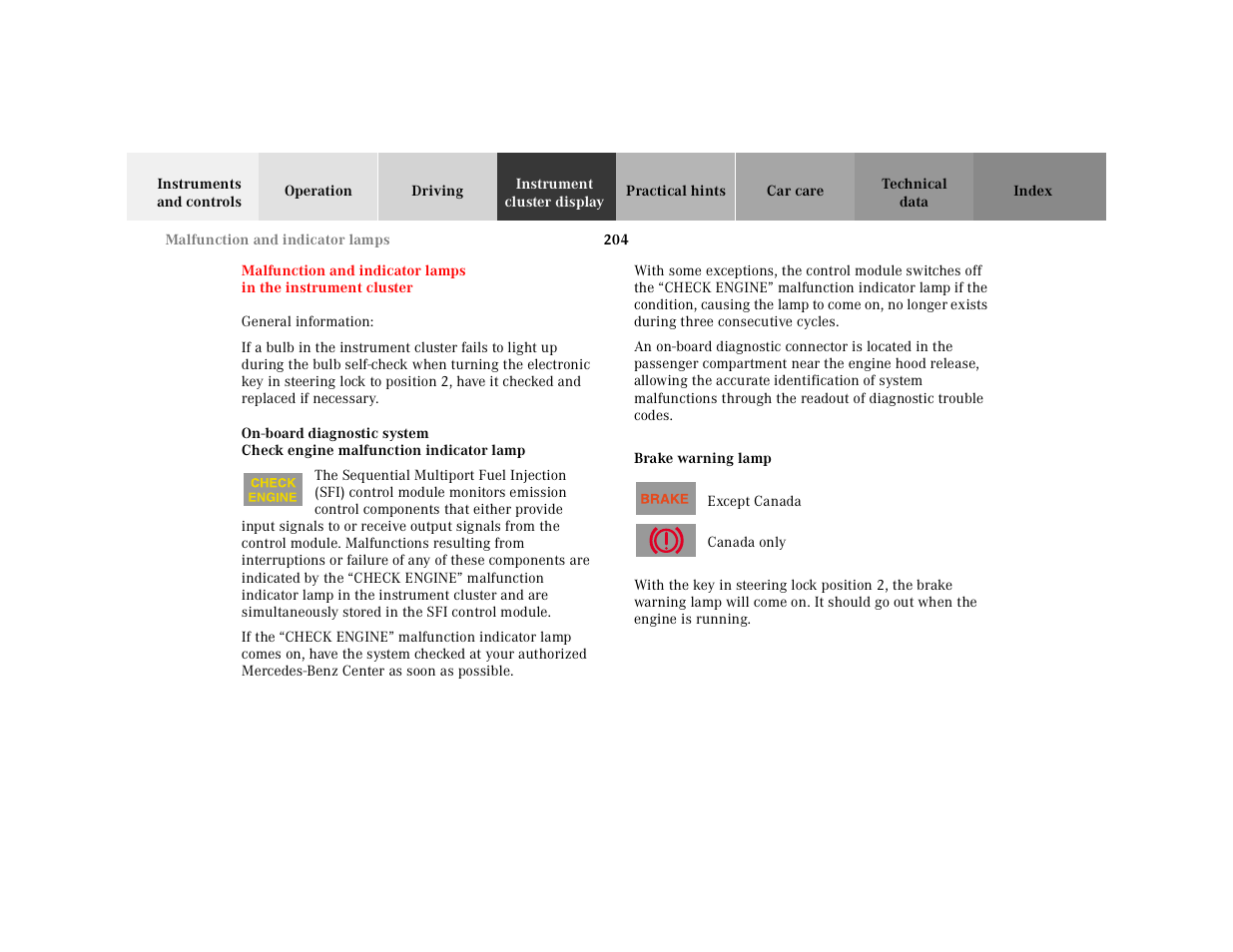 Instrument cluster display, General information, Graphic | If the, Brake warning lamp | Mercedes-Benz 2000 SL-Class User Manual | Page 208 / 297