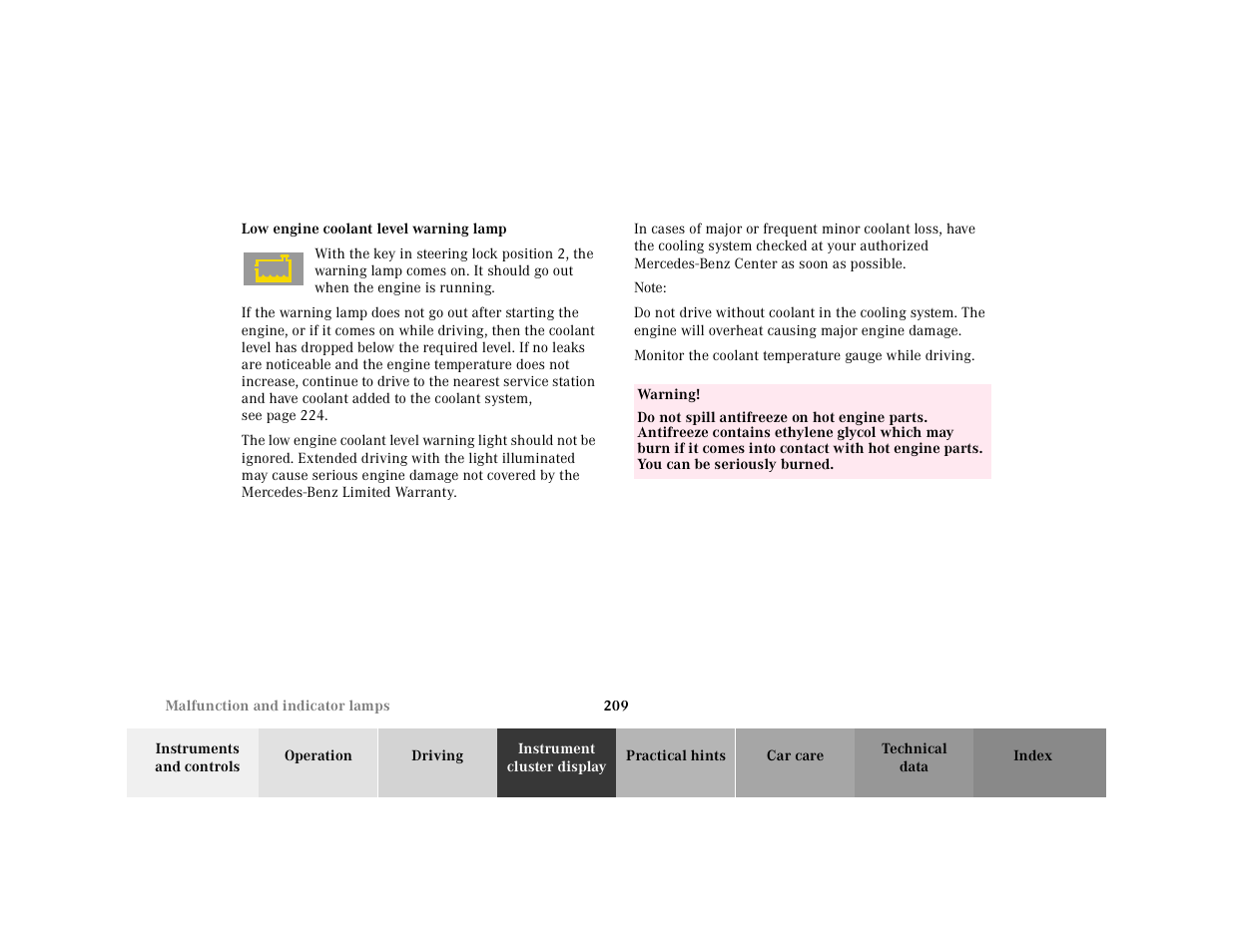 Low engine coolant level warning lamp, Graphic, Note | Table, Table body, Table row, Warning | Mercedes-Benz 2000 SL-Class User Manual | Page 213 / 297