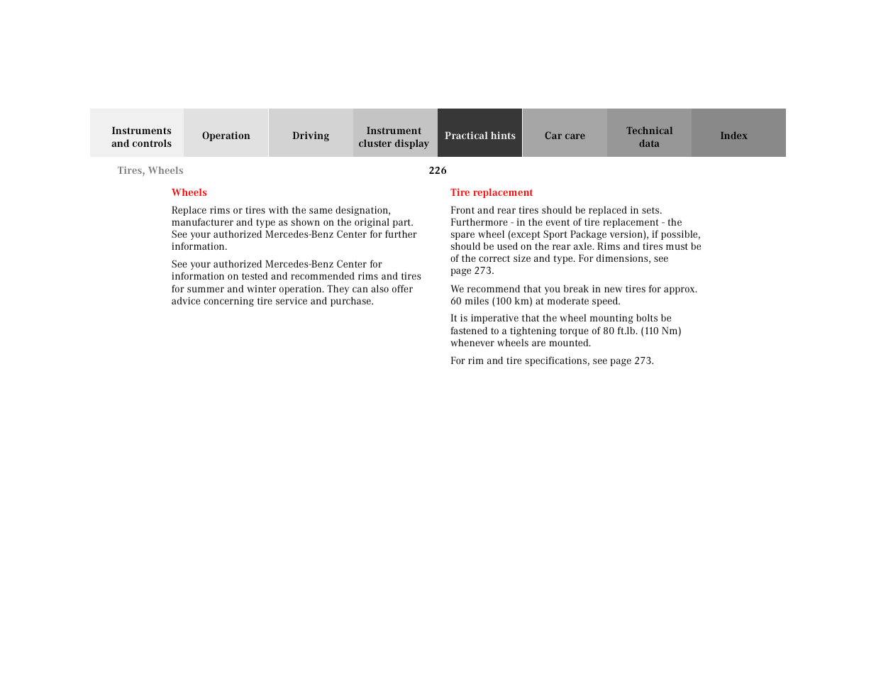 Wheels, Tire replacement, Table | Table body, Table row | Mercedes-Benz 2000 SL-Class User Manual | Page 230 / 297