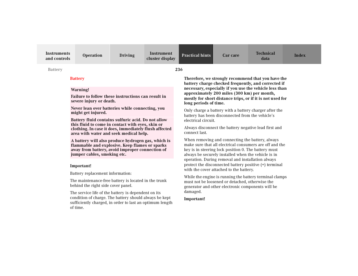 Battery, Table, Table body | Table row, Warning, Important, Battery replacement information | Mercedes-Benz 2000 SL-Class User Manual | Page 240 / 297