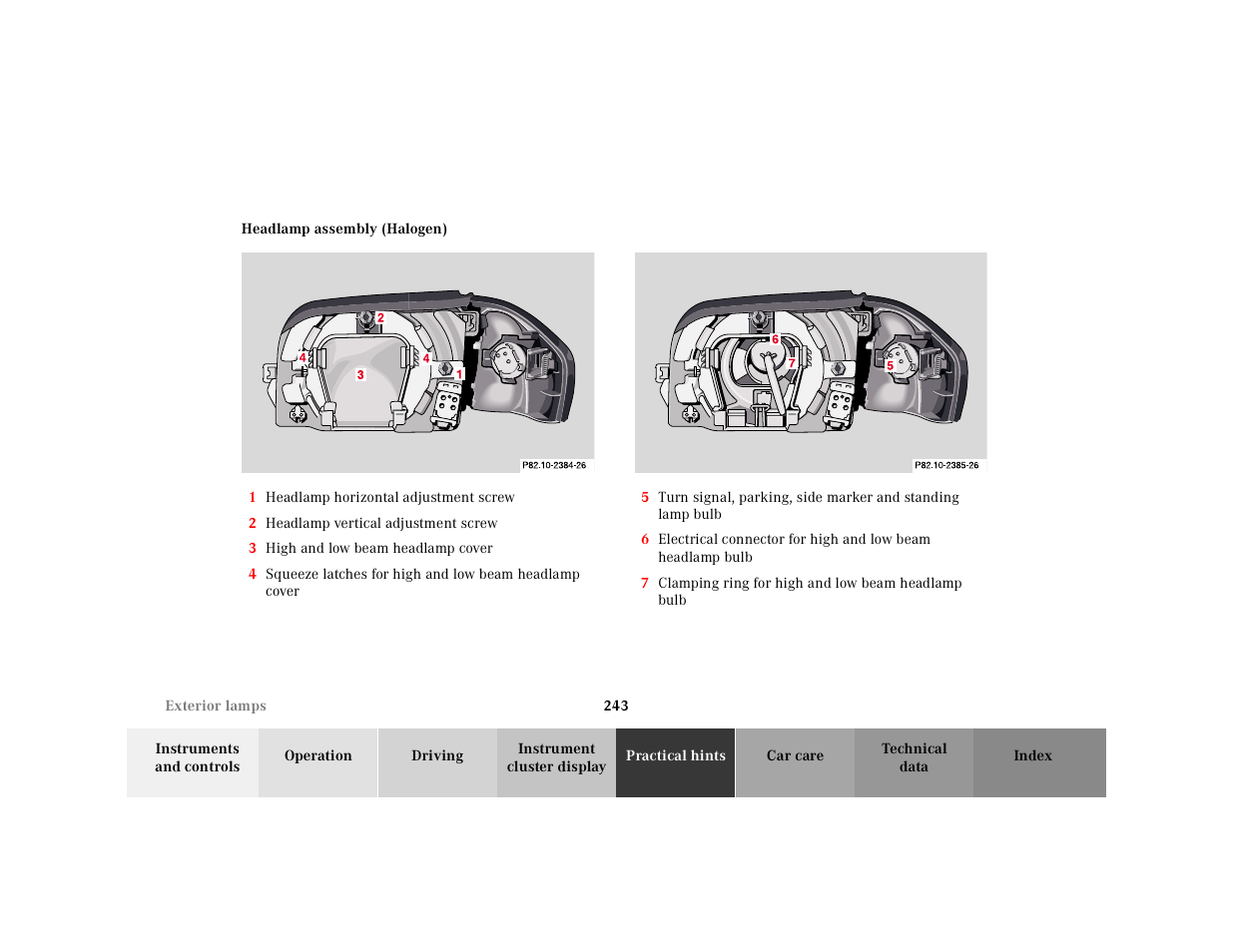 Headlamp assembly (halogen), Graphic, 1 headlamp horizontal adjustment screw | 2 headlamp vertical adjustment screw, 3 high and low beam headlamp cover, P82.10-2352-26 | Mercedes-Benz 2000 SL-Class User Manual | Page 247 / 297