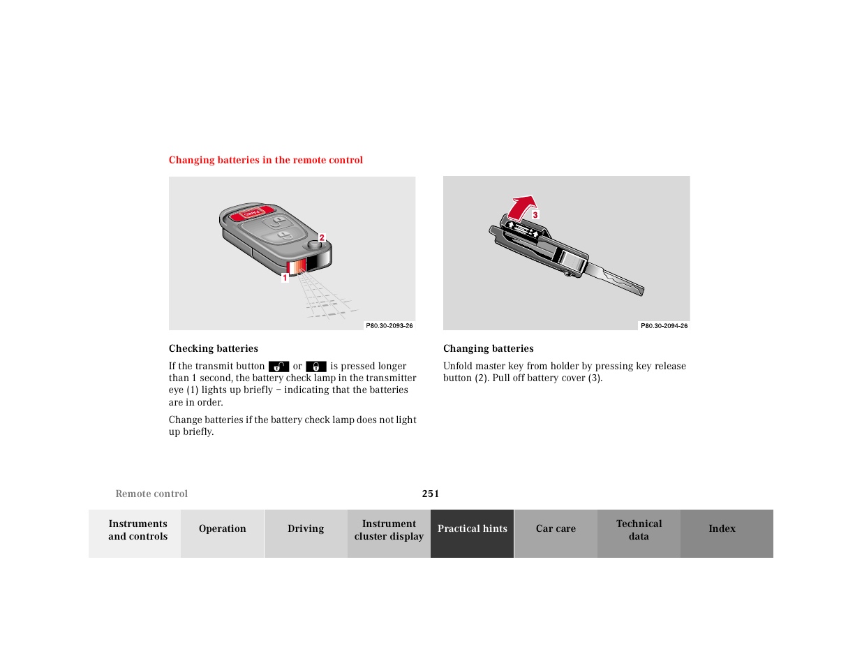 Changing batteries in the remote control, Graphic, Checking batteries | If the transmit button, P80.30-2094-26, Changing batteries, P80.30-2006-26 | Mercedes-Benz 2000 SL-Class User Manual | Page 255 / 297