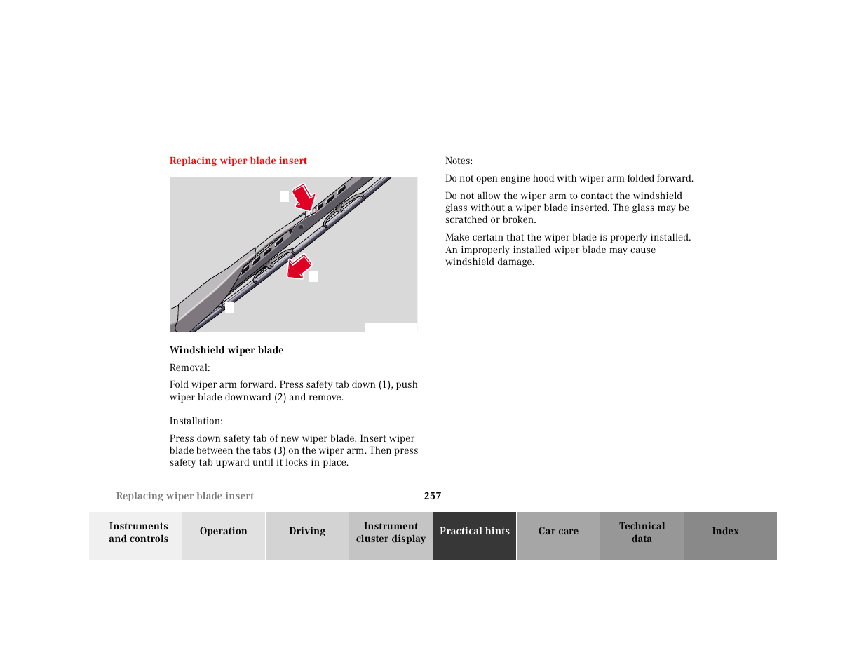 Replacing wiper blade insert, Graphic, Windshield wiper blade | Removal, Installation, Notes | Mercedes-Benz 2000 SL-Class User Manual | Page 261 / 297